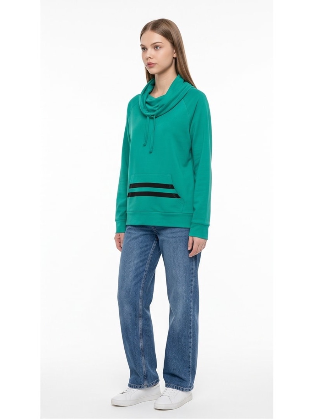 NWT New York & Co Teal Cowl-Neck Pullover Hoodie with Black Stripe Pocket Sz L
